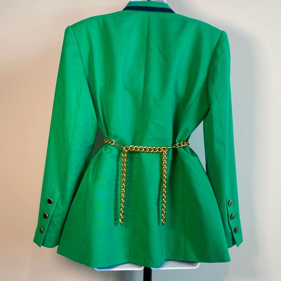 Great Kelly Green & Navy Blue Detail Double Breasted Versatile Wear Blazer - Picture 9 of 11